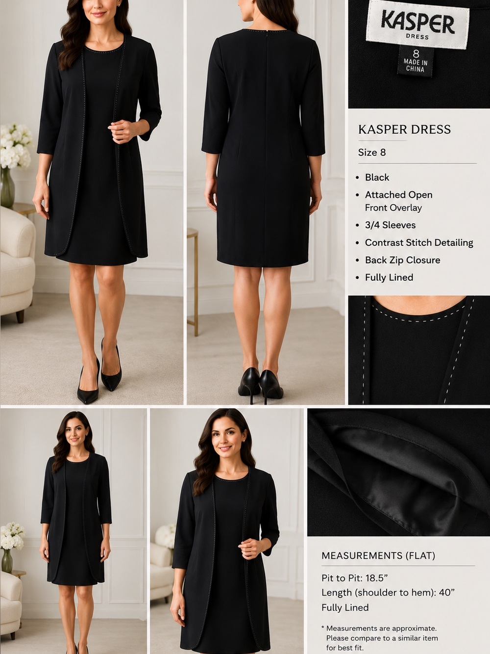 Kasper Black Midi Dress with Attached Open-Front Overlay